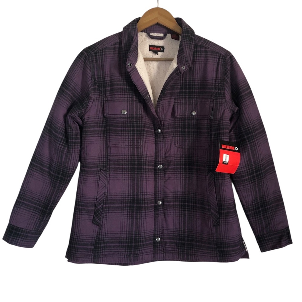 Wolverine Eggplant Purple and Black Plaid Sherpa Fleece Lined Snap Shacket